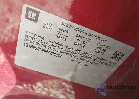 2017 Chevrolet Cruze Lt z USA, uszkodzony, nr VIN 1G1BE5SM6H7220018